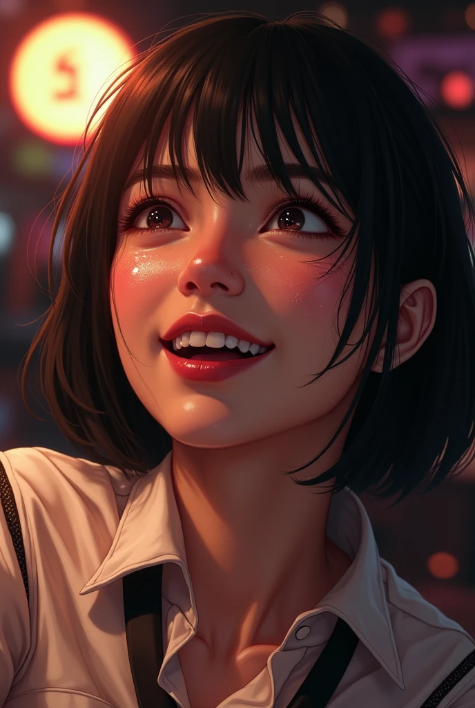 One person,1woman,mature woman,Blowjob,woman,Black Hair,woman focus,look up,Sweaty,Bukkake in the face,uniform,At the nightclub,,Detailed skin,Happy,short hair,look up,Watery eye,excessive on tongue,How in mouth,Raise your bangs,