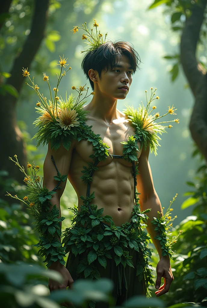 Jungkook from BTS with his abdomen exposed between plants being a fairy man from the forest with a suit made of fantasy plants in high definition 