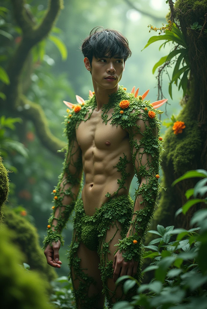 Jungkook from BTS with his abdomen exposed between plants being a fairy man from the forest with a suit made of fantasy plants in high definition