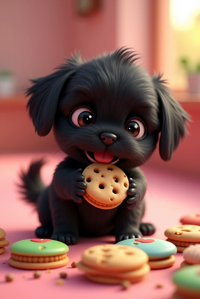 Create a 3D animated black Shih Tzu puppy eating cookies that is colorful to promote a cookie business 3D Pixar style