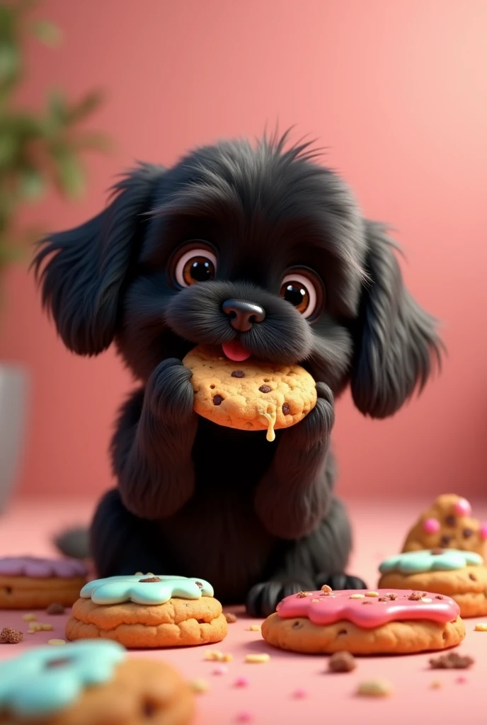 Create a 3D animated black Shih Tzu puppy eating cookies that is colorful to promote a cookie business 3D Pixar style