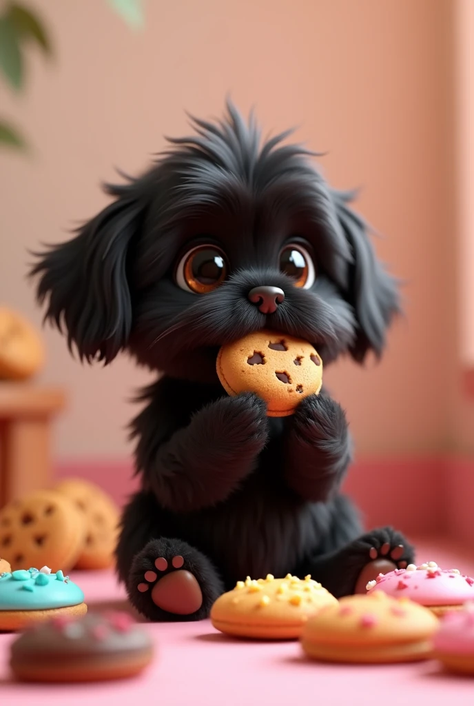 Create a 3D animated black Shih Tzu puppy eating cookies that is colorful to promote a cookie business 3D Pixar style