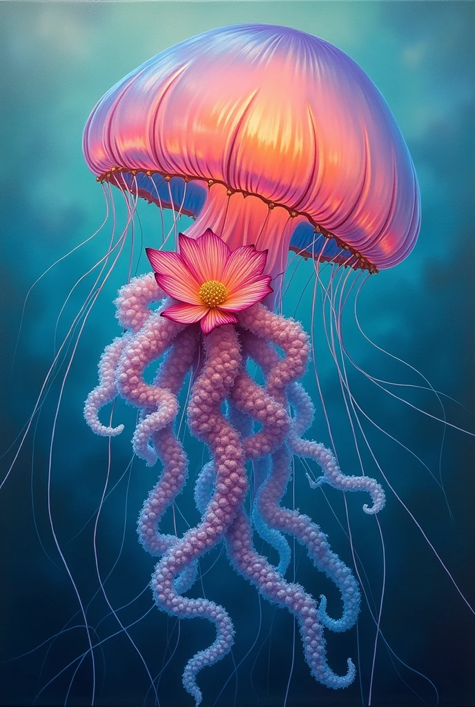 There is a painting of a jellyfish with a flower on it, inspired by Ernst Haeckel, flowing tendrils, Alberto Seveso and Dan McCaw, inspired by Alberto Seveso, anatomical fractal, inspired by Hans Bellmer, visibly nervous , Nerv , Nerves, inspired by Ernst Haeckel, blue and pink color