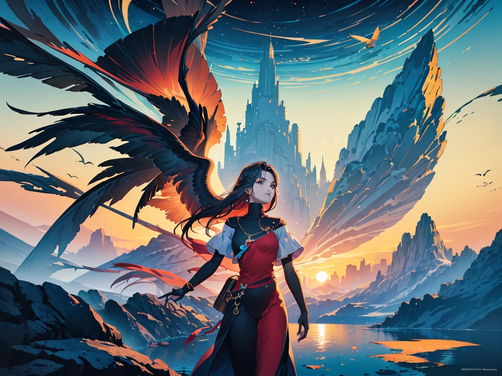 There is a painting,There is a sunset in the painting,Birds are flying, a very cohesive style of artwork, A beautiful artistic illustration, landscape of geometric shapes, Soft flat surreal design, Digital illustration style, Abstract natural scenery, Nature in Art Deco, Abstract scene design, Future Landscape, sunset illustration, Poster illustration, Inspired by Jeremy Chong, inspired by Kilian Eng,Girl