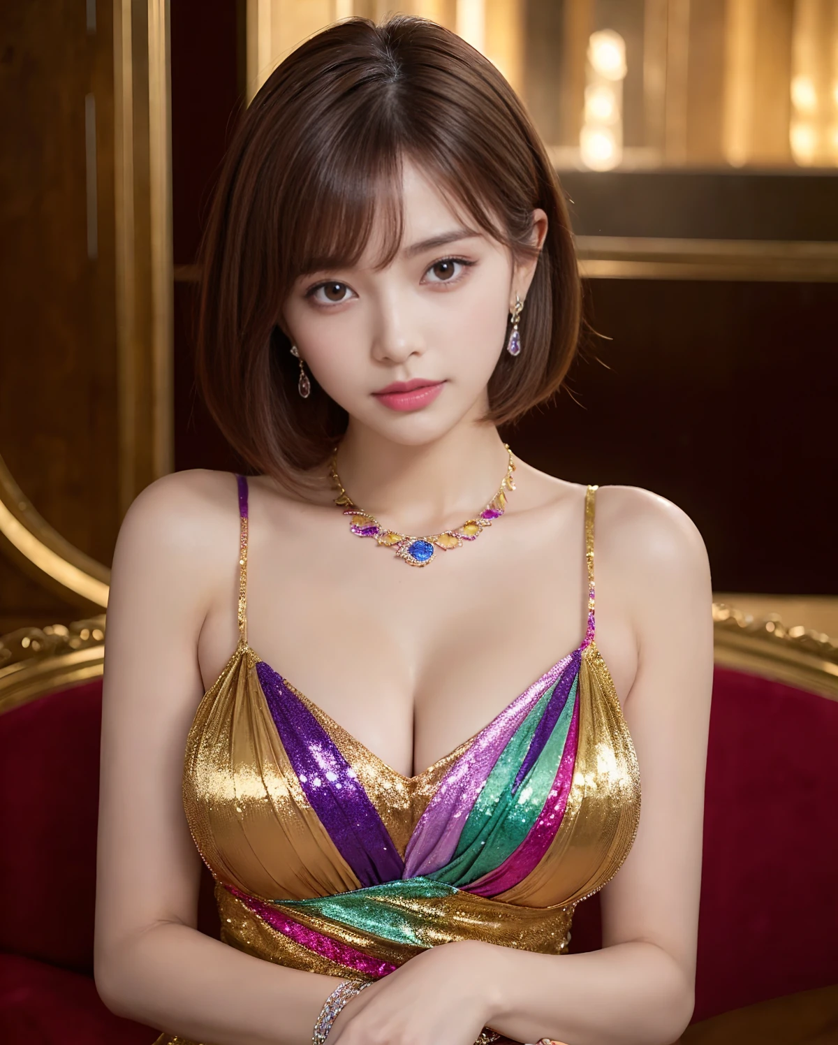 (((masterpiece))), Ultra-high resolution, (8k), (((Looks super realistic))), Highest quality, Ultra fine, ((Anatomically correct)), Cinematic lighting, (Super beautiful sexy 29 year old woman), ((Only one person)), Oval Face, Beautiful Face, smirk, Natural Makeup, Detailed big eyes, double eyelid, Detailed eyebrows, Thick lips, ((Short hair:1.3)), ((VioletBrown hair color:1.2)), Detailed skin texture, Glowing Skin, Alluring large breasts:1.4, Perfect and beautiful body, Seductive big ass, Detailed and perfectly fitted outfit, (((Colorful and shiny sexy evening dress))), Fascinating Necklace, Fascinating earrings,