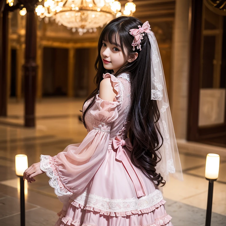 daytime,Side shot,In front of the amusement park castle,，skyscraper, best quality, Delicate face，beautiful visual work, lifelike,  eternity, black hair, Long curly hair, blunt bangs, Smile, Detailed Background,  Delicate face，pink blush，cold，((masterpiece))、(top quality)、8k、high detail、Super detailed，31 years old female，Wearing lolita dress、Seductive and whimsical style、masterpiece、born、Scenes resembling fairy tale illustrations、Intricate details and complex designs、Beautifully、magic、capricious、 Beautifully、Dream aesthetics、「𝓡𝓸𝓶𝓪𝓷𝓽𝓲𝓬、ethereal、charming、fickle、magic」、Realism、Visual effects、FXAA、SSAO、Shaders、voiceless、ambient lighting、Tone mapping、High resolution、Ultra high quality、Million pixels、(8K resolution:1.10)、8k、Below 8K、8K resolution、high detail、intricate details， (high quality:1.2、masterpiece:1.2、:1.21)、(31 years old female:1.21)、(Smile excitedly)、(Surrounded by the dreamy atmosphere、Model diagram，full-body shot，Normal 2 feet，Don't show your fingers，pink dress, lots of lace,layered dress， Long sleeve，Puff sleeves,Transparent sleeves，Bow at the back of the waist, Skirt length to calf, cupcake dress, Layered skirt with lace on each layer, Wear a LOLITA dress, layered dress, Pink lolita skirt, lots of lace, Long sleeve, Wide sleeves, Big skirt, layered lace skirt, Puff sleeves, Wide sleeves, Transparent sleeves子, intricate details showcase the ruffles and intricate designs of the Lolita dress, Wearing a lolita dress, Bow at the back of the waist, Skirt length to calf, cupcake dress, Layered skirt with lace on each layer, Wear a LOLITA dress, layered dress, Pink lolita skirt, lots of lace, Long sleeve, Wide sleeves, Big skirt, layered lace skirt, Puff sleeves, Wide sleeves, Transparent sleeves子, intricate details showcase the ruffles and intricate designs of the Lolita dress, Wearing a lolita dress, Cold Heat，mature woman, There are many bows on the dress