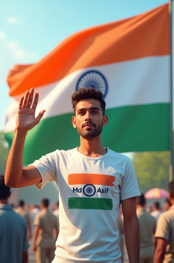 A person salutes the Indian flag with his right hand on 15th August and mohd asif is written on his colourful T-shirt