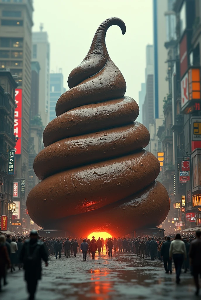 a giant poop in the middle of a city, tilt-shift photography, ultra-detailed, 8k, hyperrealistic, photo-realistic, masterpiece, stunning, cinematic lighting, vibrant colors, dynamic angle, dramatic composition, whimsical, surreal, dystopian, dystopian atmosphere, gritty, grimy, urban environment, skyscrapers, cityscape, towering buildings, crowded streets, pedestrians, shocked expressions, humorous, satirical, social commentary
