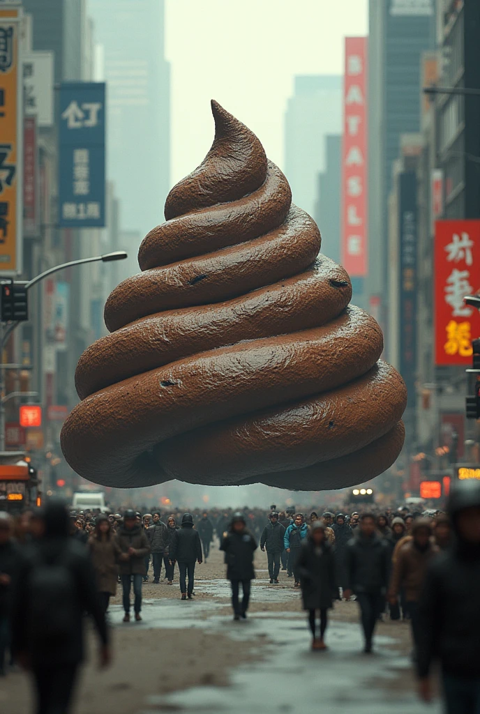 a giant poop in the middle of a city, tilt-shift photography, ultra-detailed, 8k, hyperrealistic, photo-realistic, masterpiece, stunning, cinematic lighting, vibrant colors, dynamic angle, dramatic composition, whimsical, surreal, dystopian, dystopian atmosphere, gritty, grimy, urban environment, skyscrapers, cityscape, towering buildings, crowded streets, pedestrians, shocked expressions, humorous, satirical, social commentary