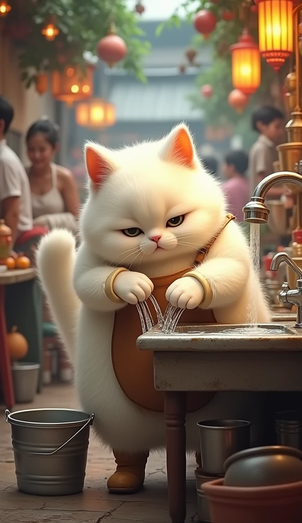 A cute white chubby cat with thick, fluffy fur is washing dishes in a lively Indonesian restaurant. The cat stands in front of a sink with water flowing from the faucet, with a bucket placed underneath. The cat is dressed in rubber gloves, boots, and an apron, looking adorably determined as it goes about its task amidst the bustling, crowded atmosphere of the restaurant.