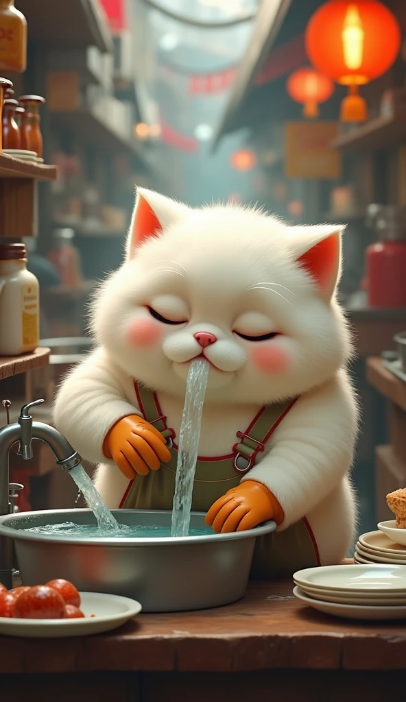 A cute white chubby cat with thick, fluffy fur is washing dishes in a lively Indonesian restaurant. The cat stands in front of a sink with water flowing from the faucet, with a bucket placed underneath. The cat is dressed in rubber gloves, boots, and an apron, looking adorably determined as it goes about its task amidst the bustling, crowded atmosphere of the restaurant.