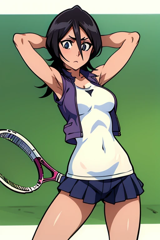 tennis girl's massive nipples out of topless open front duster vest out bare and wet pants spreading her legs, gloved hands hidden behind head, blindfold