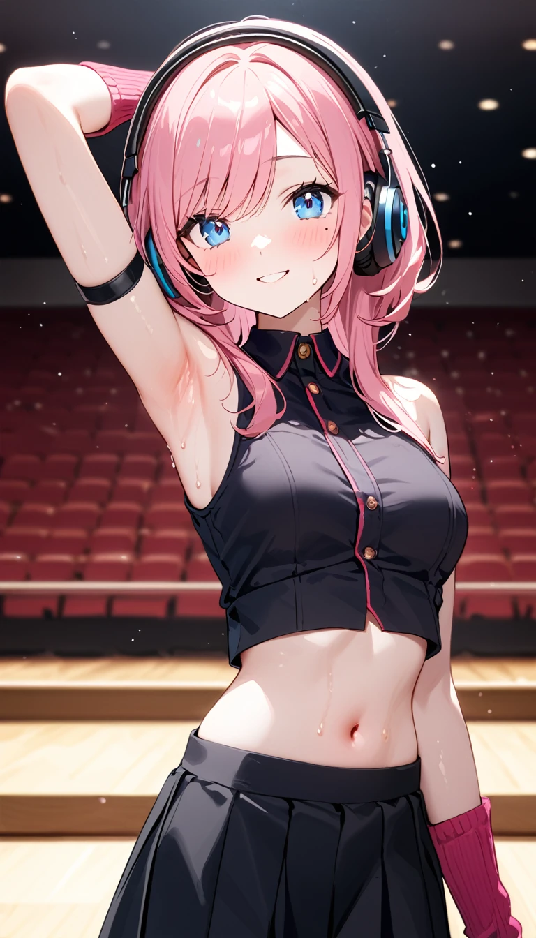 (1 girl),(Best Picture Quality, 8K, Masterpiece:1.3), (high  student:1.5), ((pink lob hair:1.3)), (flipped hair),((swept bangs)), (cute eyes, pupil black, iris skyblue, youthful face), (mole under right eye), (standard weight), (small breasts), (glistening skin:1.3),(pale skin:1.2),(sweaty skin:1.2),(Smile),BREAK arm warmers, armband, bare shoulders, black shirt, black skirt, crop top, midriff, navel, shirt, shoulder tattoo, single arm warmer, skirt, tattoo, headphones, BREAK concert hall, BREAK ((showing armpits)),