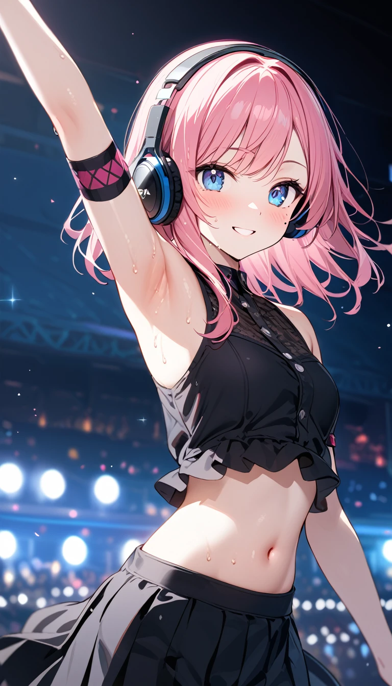 (1 girl),(Best Picture Quality, 8K, Masterpiece:1.3), (high school student:1.5), ((pink lob hair:1.3)), (flipped hair),((swept bangs)), (cute eyes, pupil black, iris skyblue, youthful face), (mole under right eye), (standard weight), (small breasts), (glistening skin:1.3),(pale skin:1.2),(sweaty skin:1.2),(Smile),BREAK arm warmers, armband, bare shoulders, black shirt, black skirt, crop top, midriff, navel, shirt, shoulder tattoo, single arm warmer, skirt, tattoo, headphones, BREAK concert hall, BREAK ((showing armpits)),