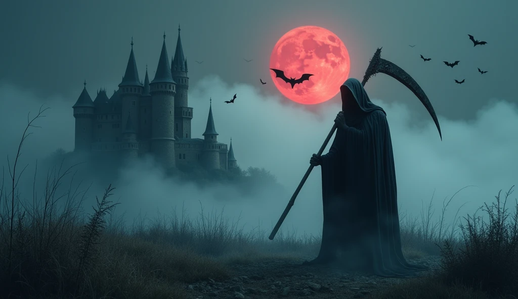 Mysterious Fog, light particles, old castle, flying bats, red moon, The Grim Reaper stands with his scythe,
