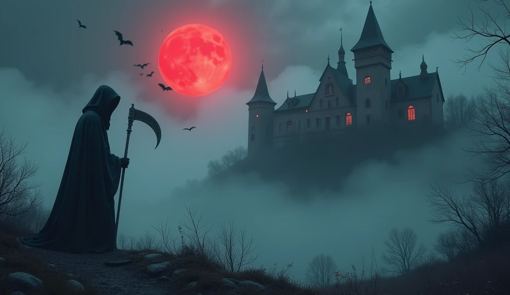 Mysterious Fog, light particles, old castle, flying bats, red moon, The Grim Reaper stands with his scythe,