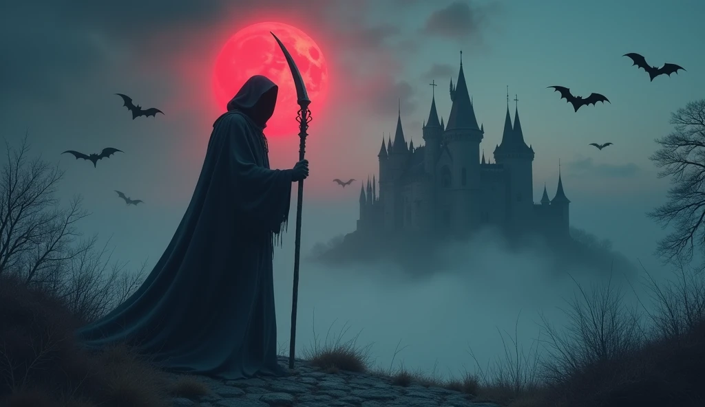 Mysterious Fog, light particles, old castle, flying bats, red moon, The Grim Reaper stands with his scythe,