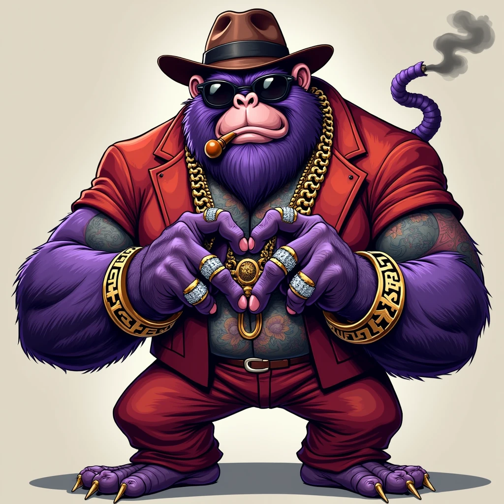 1 purple ape, With giant and high-caliber weapons, with a red gangster suit with chains, hat and glasses, tattooed, with huge diamond and gold rings, smoking with a pipe, making a heart with both hands