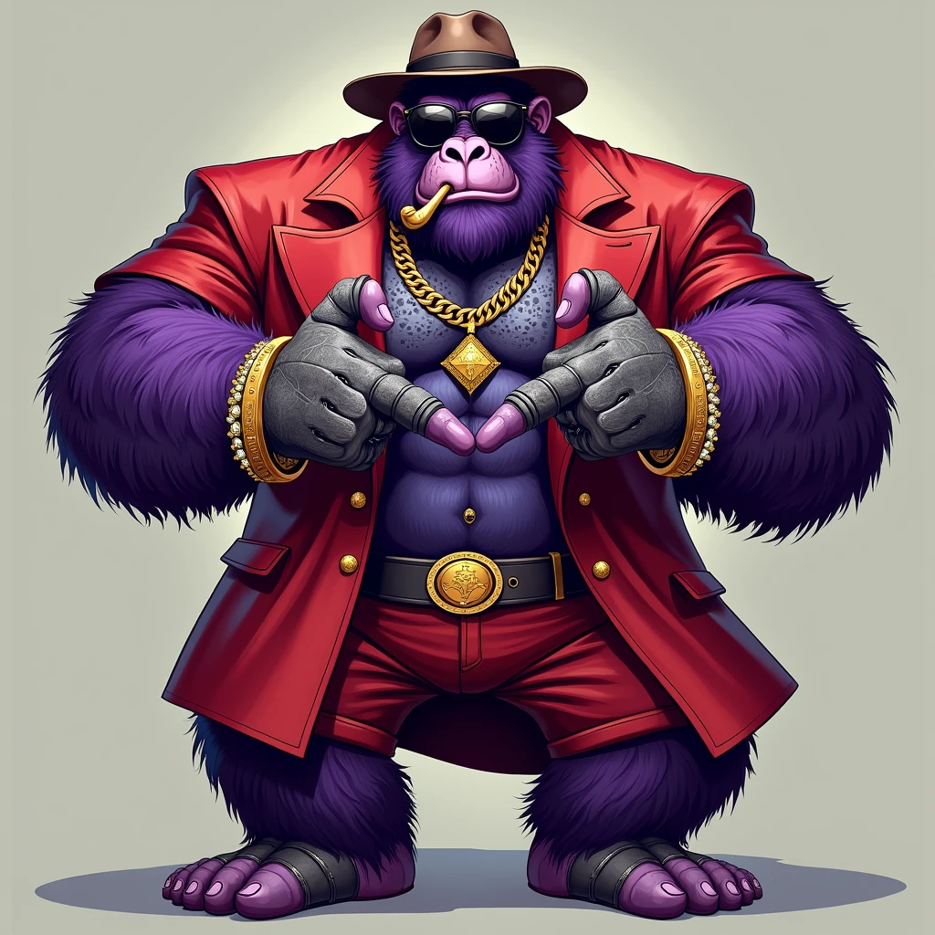 1 purple ape, With giant and high-caliber weapons, with a red gangster suit with chains, hat and glasses, tattooed, with huge diamond and gold rings, smoking with a pipe, making a heart with both hands