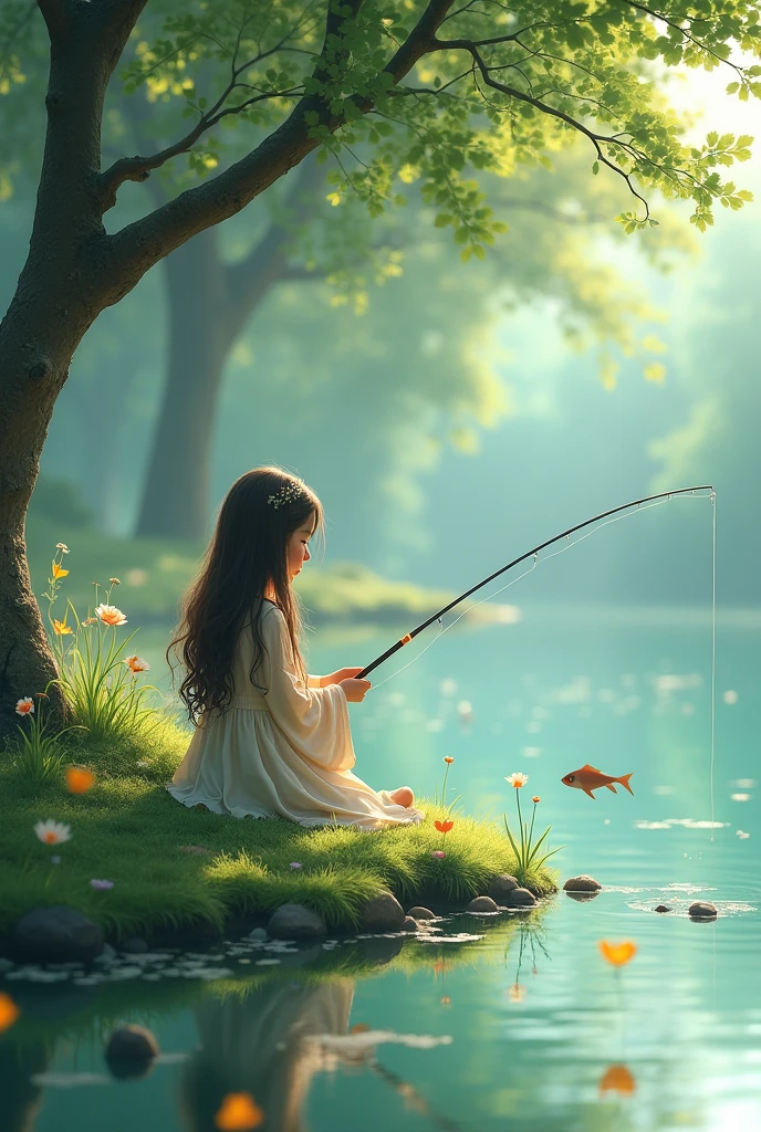 A girl is fishing in a pond 