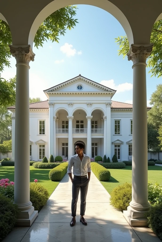 A successful young entrepreneur in a white mansion with arches on its pillars, the countryside with gardens and leafy trees 
