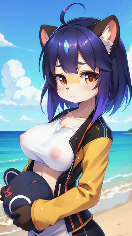 There is a woman holding a teddy bear on the beach., Kawaii realistic portrait, cute anime girl, visual anime of a cute girl, soft anime cg art, guweiz style artwork, portrait of cute anime girl, beautiful portrait, beautiful animated portrait, beautiful anime girl, cute anime girl portrait, 3d realistic anime style. with big tits