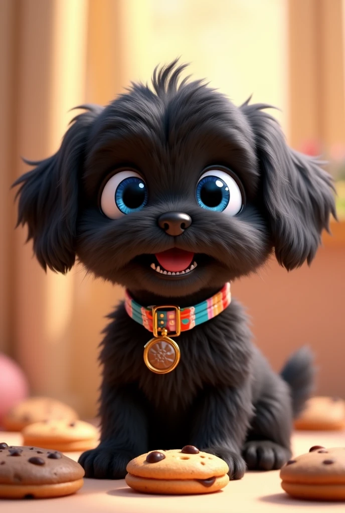 Create a 3D animated black Shih Tzu puppy with big blue eyes wearing a colorful collar eating cookies that is colorful to promote a cookie business 3D Pixar style