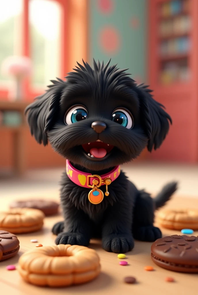 Create a 3D animated black Shih Tzu puppy with big blue eyes wearing a colorful collar eating cookies that is colorful to promote a cookie business 3D Pixar style