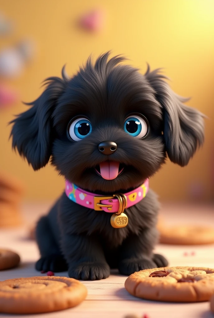 Create a 3D animated black Shih Tzu puppy with big blue eyes wearing a colorful collar eating cookies that is colorful to promote a cookie business 3D Pixar style