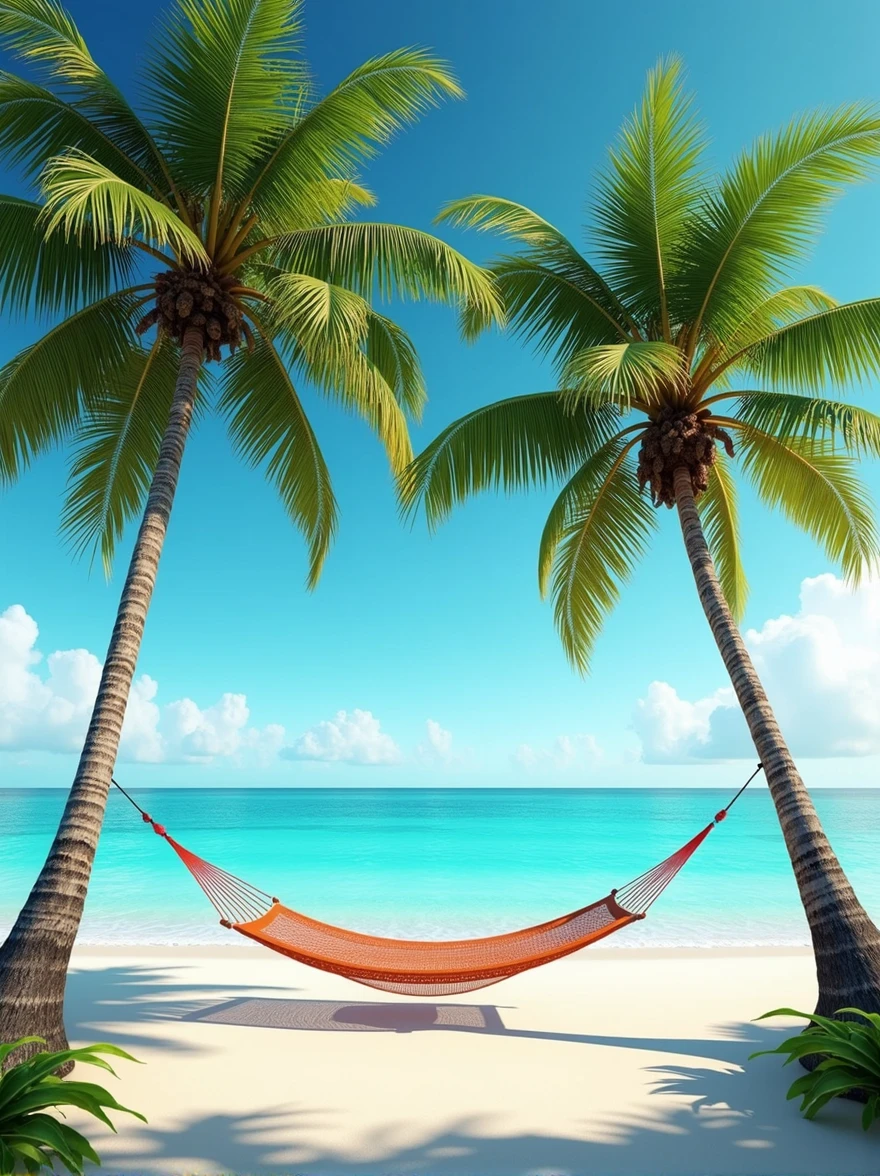 Caribbean beach with fine white sand and turquoise water in the background. In the foreground 2 large palm trees separated by a hammock