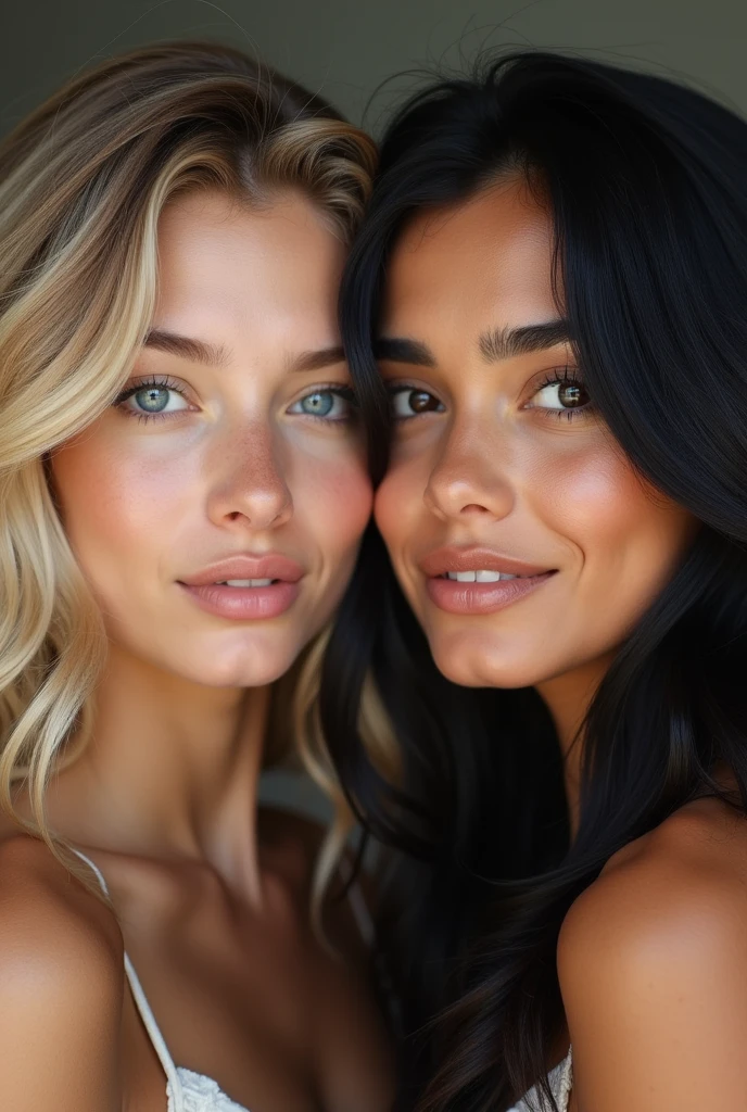 A blonde girl with wavy hair with her Hispanic friend with black hair and almond-shaped eyes, oval face shape, prominent cheekbones, and naturally wavy hair ,with a height of 170 cm, high resolution, work of art, best qualityer, complexdetails, highy detailed, sharpening, Detailed texture skin, Perfect eye details, Profession, 4k resolution, charming smile, shot with Canon, Depth of field, Cores Kodak Vision, extremely detaild, Fotografia Ultra-Realista, photo realist, Post-processing, Maximum details, True to life, instagram model, ensure that the model's entire body is shown