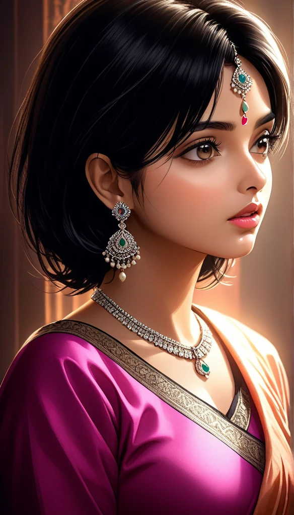 1girl, beautiful indian woman, wearing plain pink saree, long silver jhumka earrings, short messy black hair, detailed eyes, detailed lips, cinematic lighting, dramatic atmosphere, warm color palette, intricate patterns, photorealistic, masterpiece, highly detailed, 4k, hyper realistic, volumetric lighting, rich texture, jewel tones, dramatic lighting, elegant pose