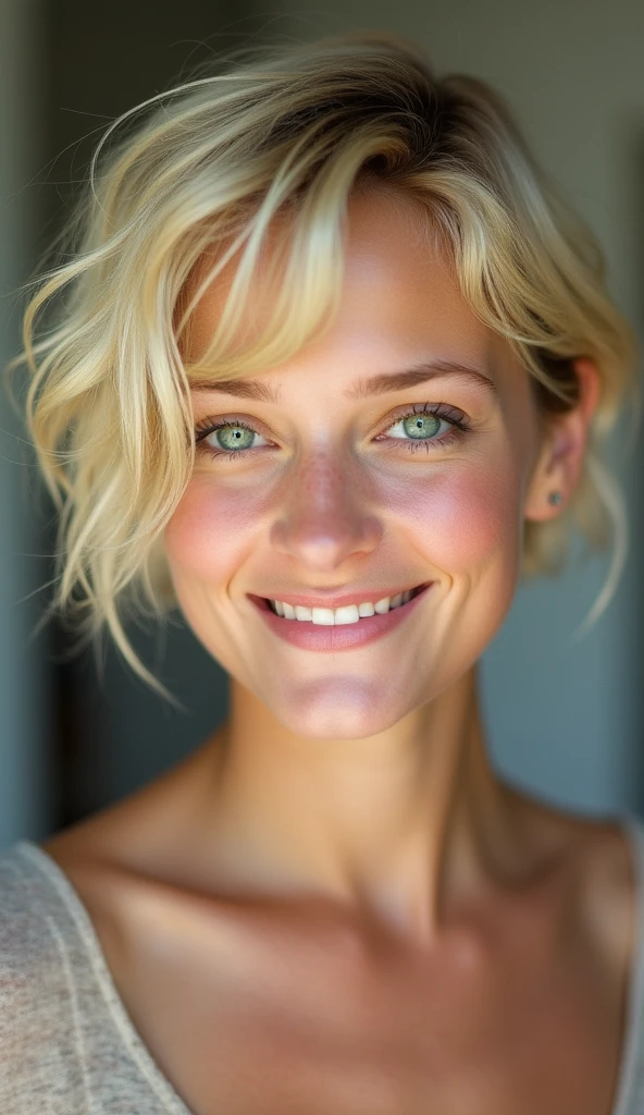 blond woman smiling at the camera, nina tryggvadottir, color portrait, taken in the mid 2000s, detailed color portrait, taken in the late 2000s, photo of a woman, probably in her 30s, nina masic, in her early 3 0, colour portrait photograph. Short blonde hair. Short wavy hair. Short bleach blond hair, perfect green eyes. BIBC. Bare shoulders, bare neck, naked, nude.