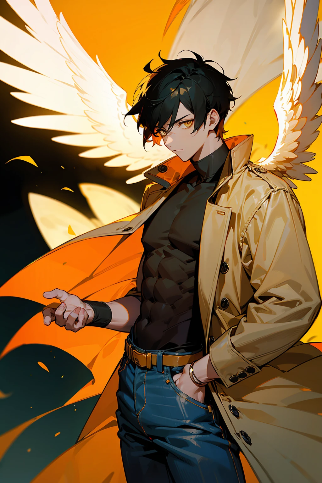 1male, Young Adult, Light Orange Hair, Black Hair, Two Toned Hair, Short Hair, Yellow eyes, Disheveled Hair, Radiant, Coat, Jeans, Masculine, Beautiful Lighting, Angel Wings, Flying, Muscular