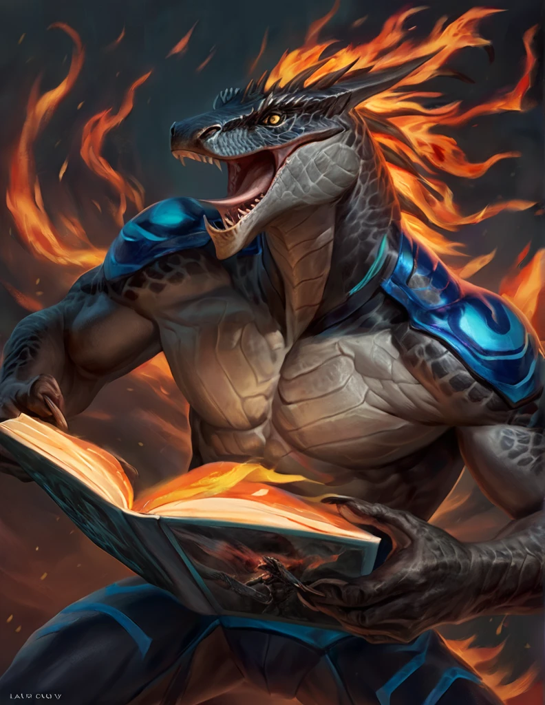 a ferocious male lizardfolk druid, muscular detailed body, gray color body, yellow eyes, hungry, open mouth, neon blue insides, masculine pose, tall topless, magic bodysuit, dark magic flames, comic book style, best quality, 4k, ultra-detailed, realistic, by laobai, by taran fiddler, by honovy