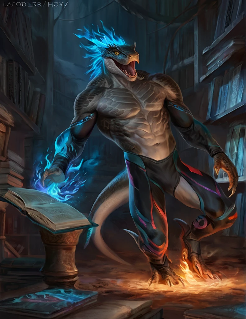 a ferocious male lizardfolk druid, muscular detailed body, gray color body, yellow eyes, hungry, open mouth, neon blue insides, masculine pose, tall topless, magic bodysuit, dark magic flames, comic book style, best quality, 4k, ultra-detailed, realistic, by laobai, by taran fiddler, by honovy