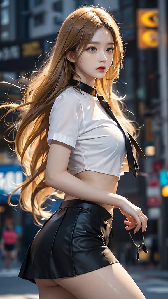 realistic, high resolution, 1 woman, butt up, beautiful eyes, Yellow hair, long hair, round eyes , collar shirt, belly button visible, black tie, black skirt, city street, Short skirts that show panties, dressed like a student, wet