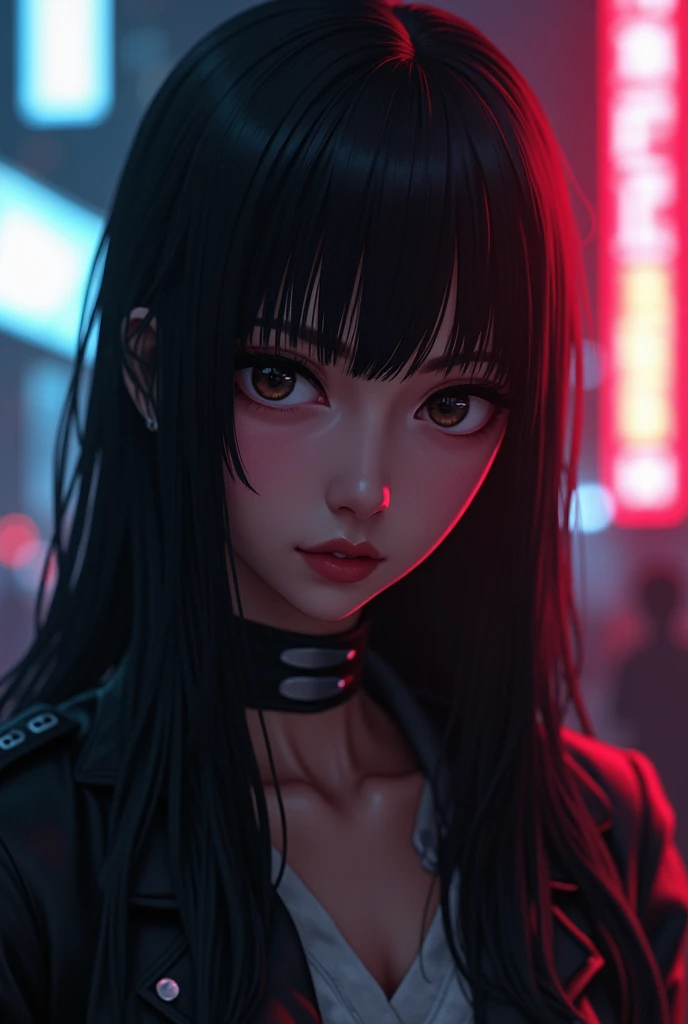 Size 1242x2688 pixels,Anime & Western Comics Series,3D Model。A female warrior with long black straight hair,The eyes have a killing power,Original style,Cinematic Lighting。Cyberpunk light,close-up view,Ultra High Definition 4k8k,webp