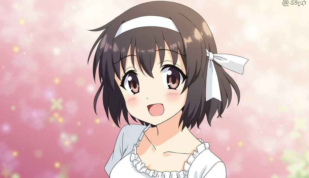 Japanese anime,80's,Long lashes,,White skin,Shortcuts, smile, Headband, White dress,Highest quality, Lens flare, Wide angle,