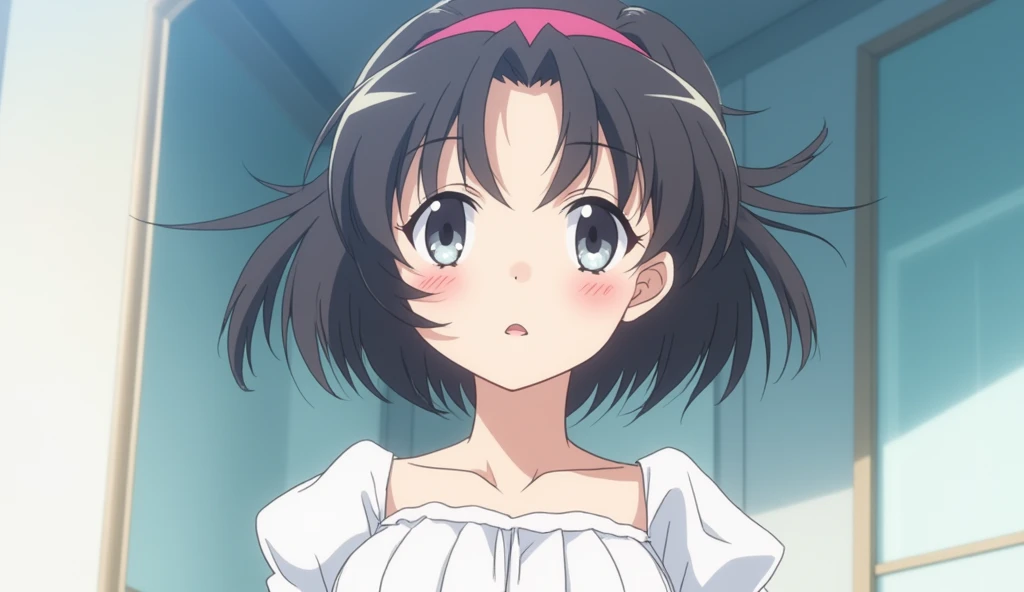 Japanese anime,80&#39;s,Long lashes,,White skin,Shortcuts, smile, Headband, White dress,Highest quality, Lens flare, Wide angle, 