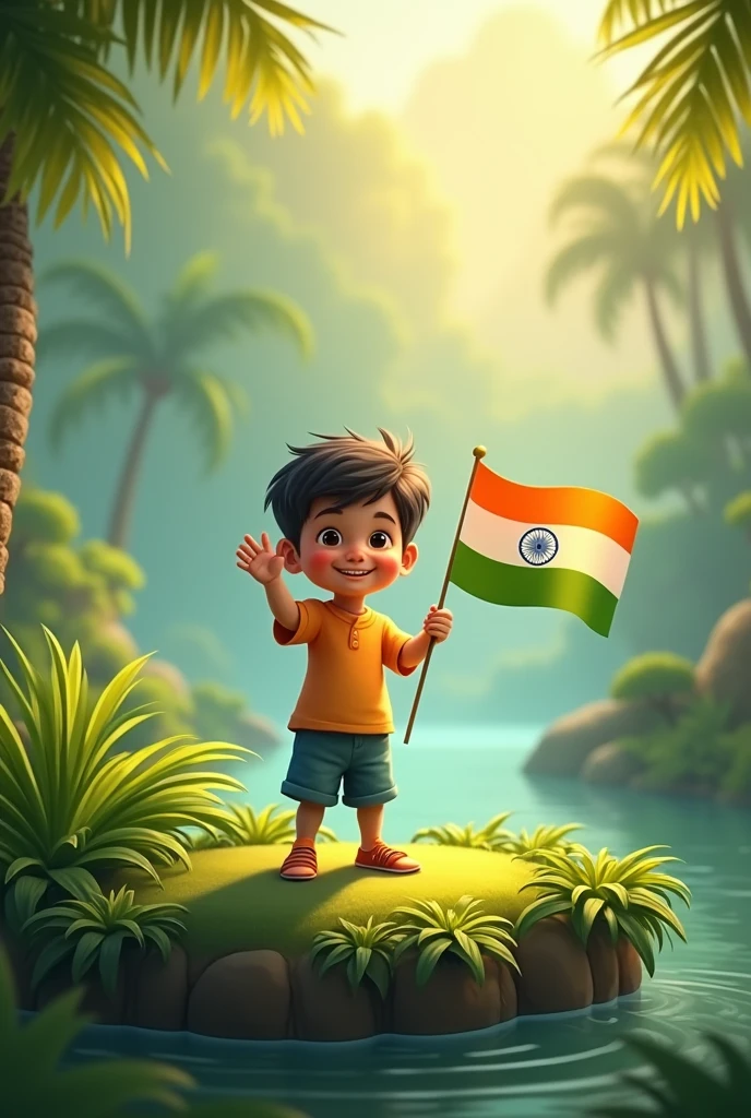 A small cute boy holding Indian flag in his hands and standing left in the moddle of the island with greenery background wishing Happy 78th Independence day and the name Adrush gowda should be highlighted in the top with bold letters
