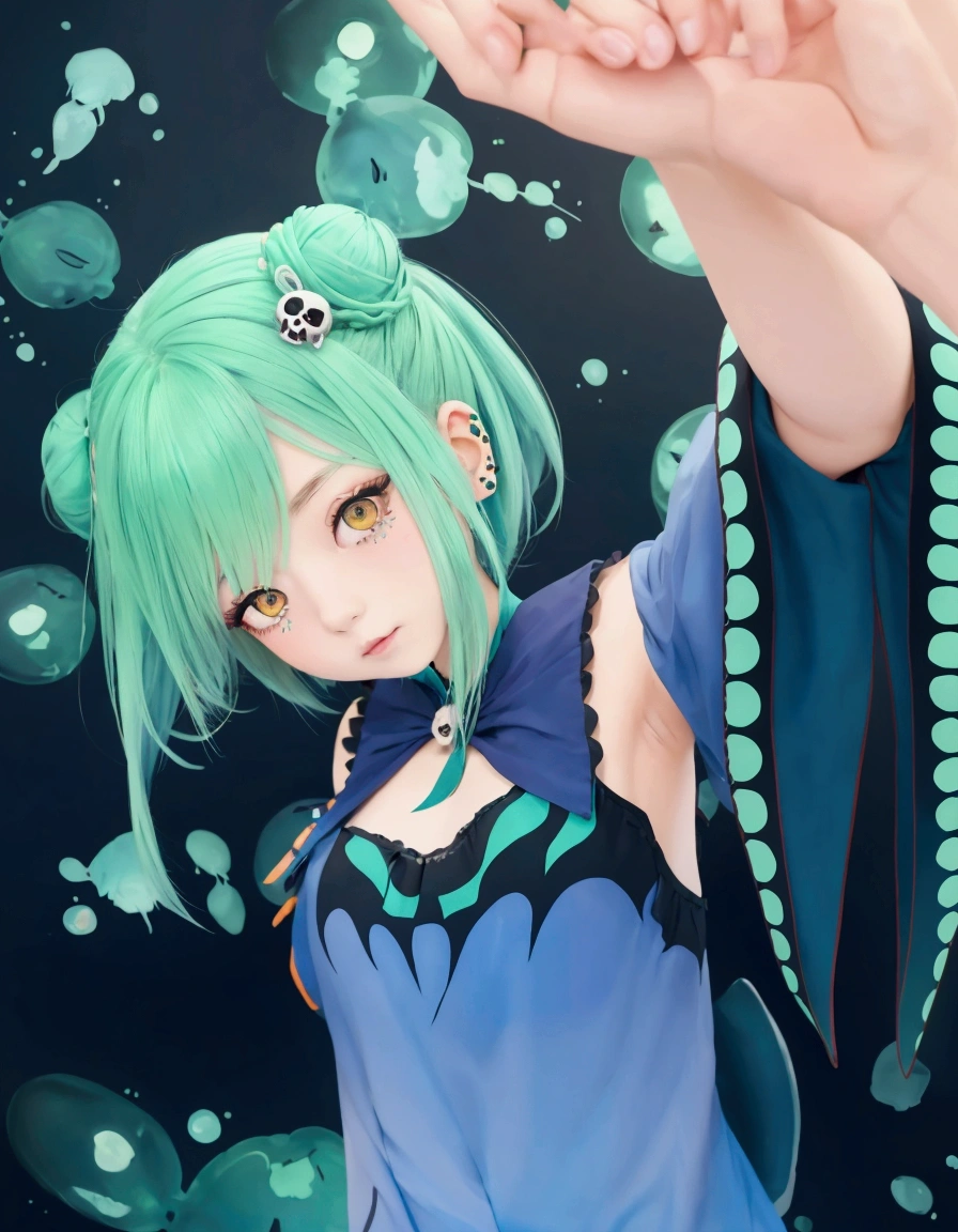 girl with green hair and blue dress holding hand, fine details. light background, orange eyes, girl with teal hair, twin bun, skull hairpin in bun, made with painter studio, mikudayo, pixiv contest winner, moe artstyle, artstyle, uruha rushia, hololive, vtuber, smooth armpit