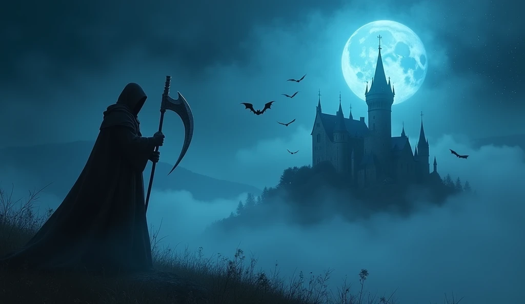 Mysterious Fog, light particles, old castle, flying bats, blue moon, The Grim Reaper stands with his scythe,