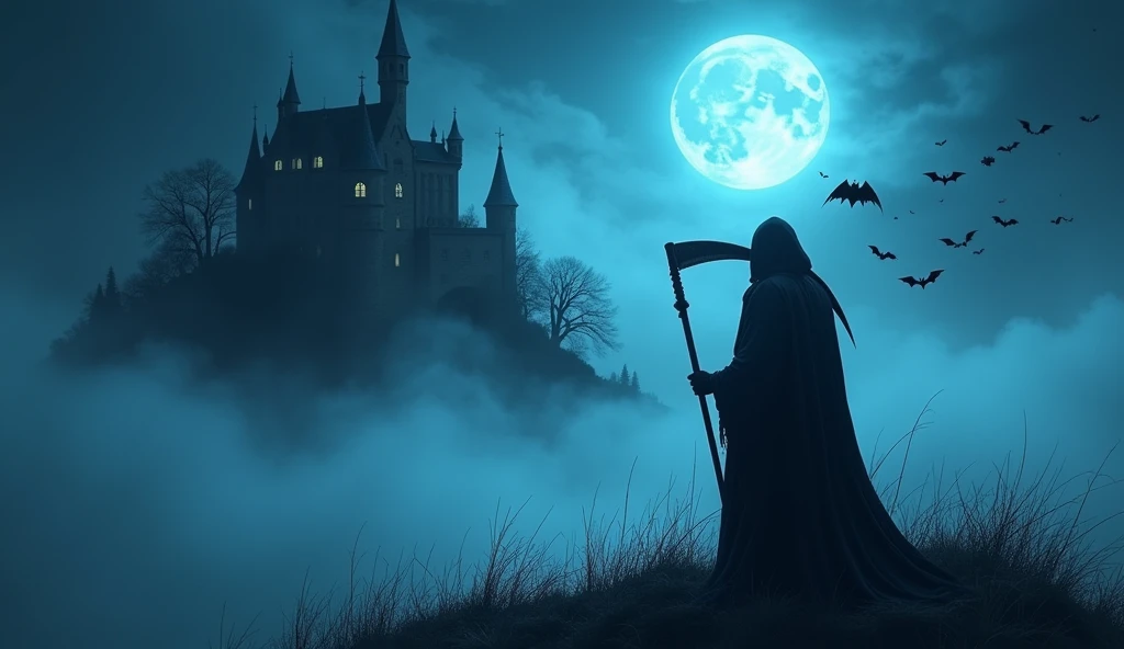 Mysterious Fog, light particles, old castle, flying bats, blue moon, The Grim Reaper stands with his scythe,