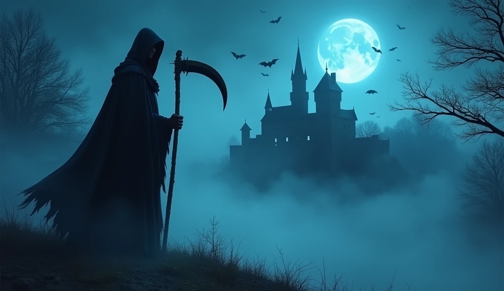 Mysterious Fog, light particles, old castle, flying bats, blue moon, The Grim Reaper stands with his scythe,
