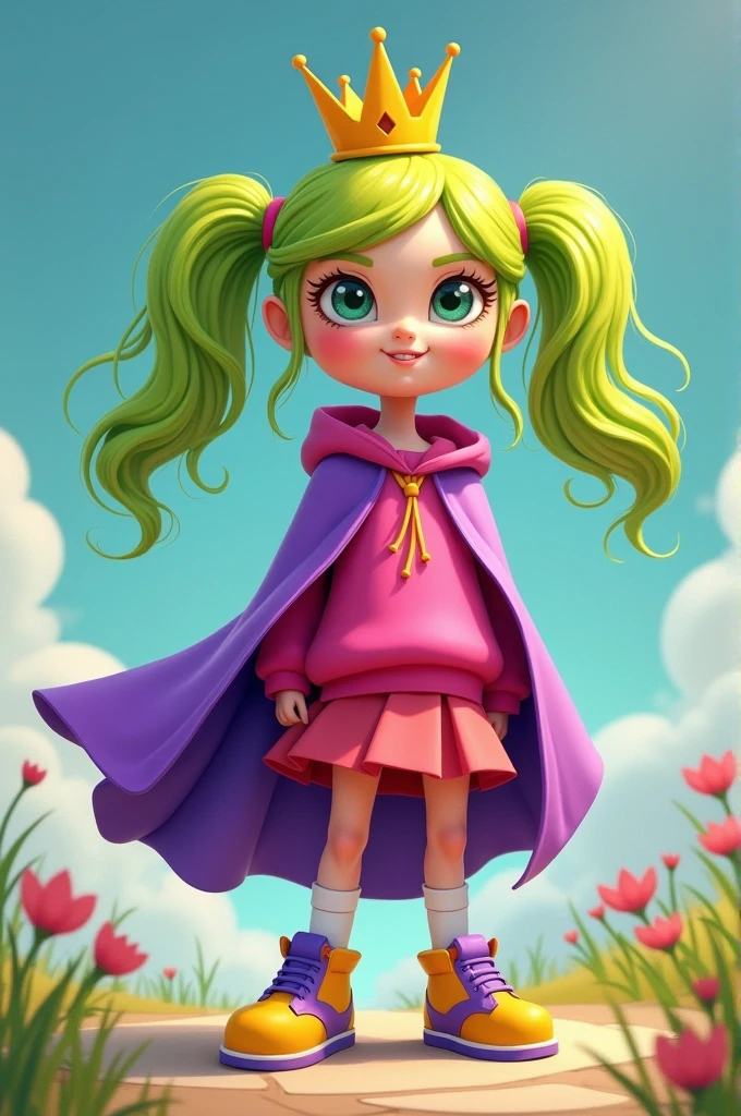 A brunette girl has lime green hair with two pigtails, a fuchsia pink sweatshirt with a purple cape and a yellow crown, Wearing a short pink red skirt and white socks with yellow and purple shoes