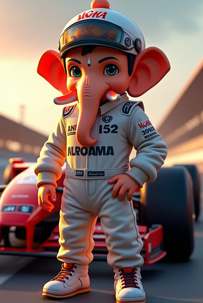 Young God Vinayaka with fair complexion as the formula one racer with racing suit in standing position without car with NBRK hat with car as back ground and racing atmosphere 