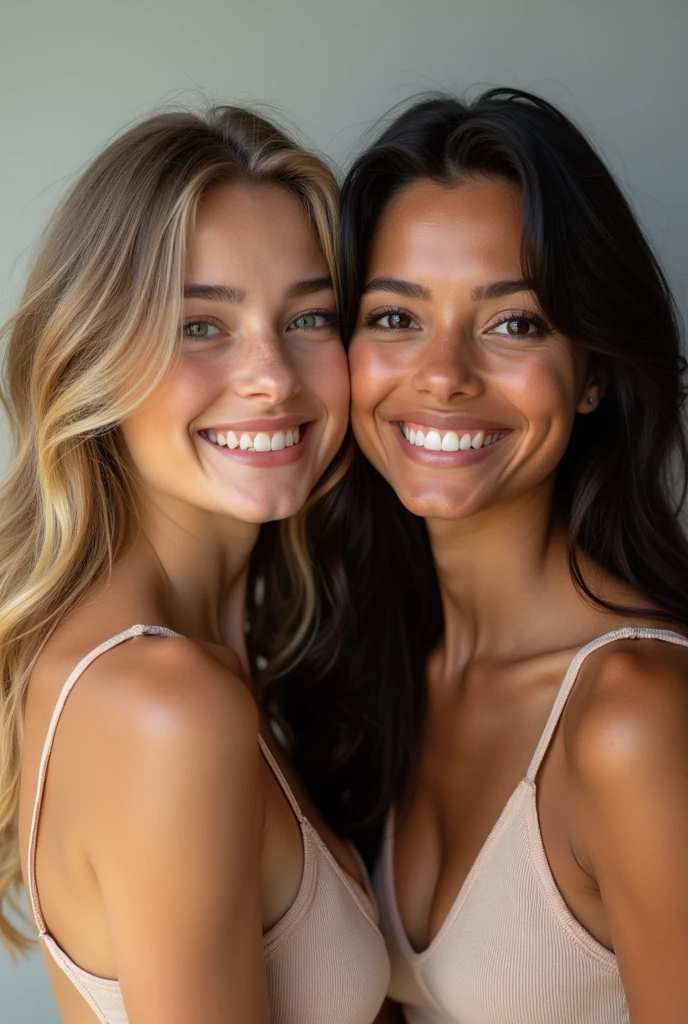 A blonde girl with wavy hair with her Hispanic friend with black hair and almond-shaped eyes, oval face shape, prominent cheekbones, and naturally wavy hair ,with a height of 170 cm, high resolution, work of art, best qualityer, complexdetails, highy detailed, sharpening, Detailed texture skin, Perfect eye details, Profession, 4k resolution, charming smile, shot with Canon, Depth of field, Cores Kodak Vision, extremely detaild, Fotografia Ultra-Realista, photo realist, Post-processing, Maximum details, True to life, instagram model, ensure that the model's entire body is shown

