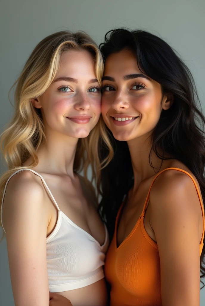 A blonde girl with wavy hair with her Hispanic friend with black hair and almond-shaped eyes, oval face shape, prominent cheekbones, and naturally wavy hair ,with a height of 170 cm, high resolution, work of art, best qualityer, complexdetails, highy detailed, sharpening, Detailed texture skin, Perfect eye details, Profession, 4k resolution, charming smile, shot with Canon, Depth of field, Cores Kodak Vision, extremely detaild, Fotografia Ultra-Realista, photo realist, Post-processing, Maximum details, True to life, instagram model, ensure that the model&#39;s entire body is shown
