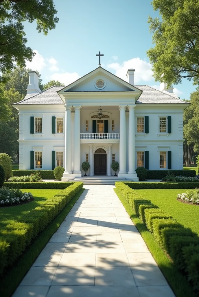 A successful young Christian entrepreneur in a white mansion with arches in its pillars, the countryside with gardens and lush trees 
